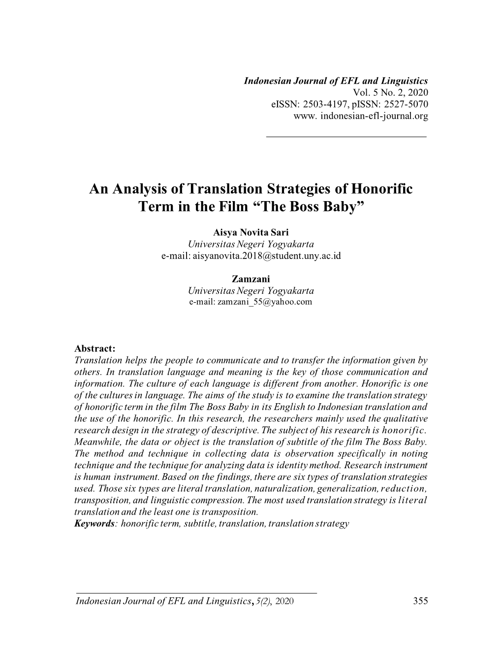 An Analysis of Translation Strategies of Honorific Term in the Film “The Boss Baby”