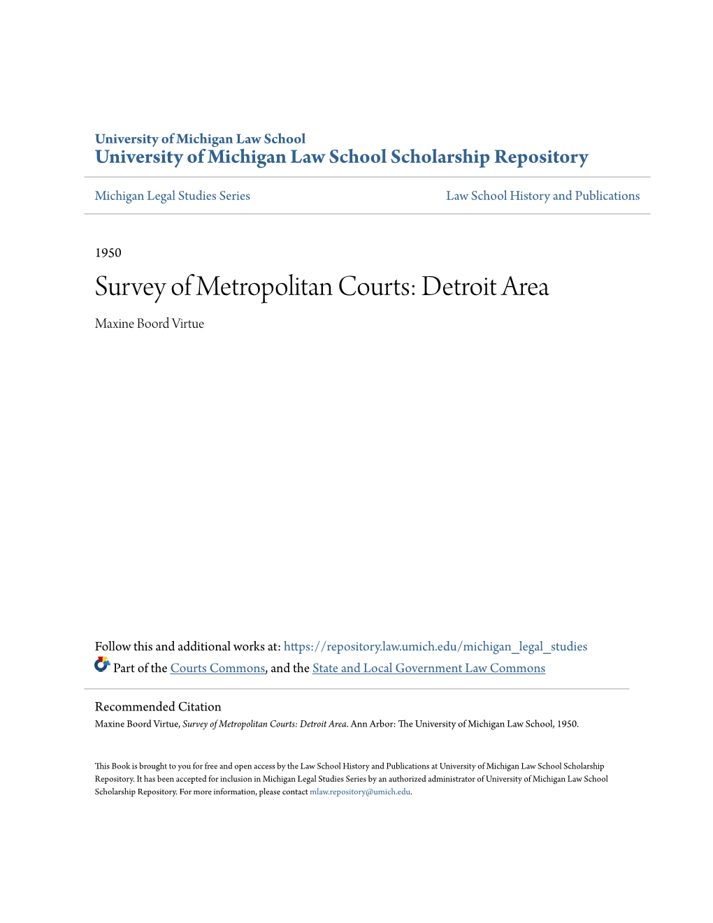 Survey of Metropolitan Courts: Detroit Area Maxine Boord Virtue