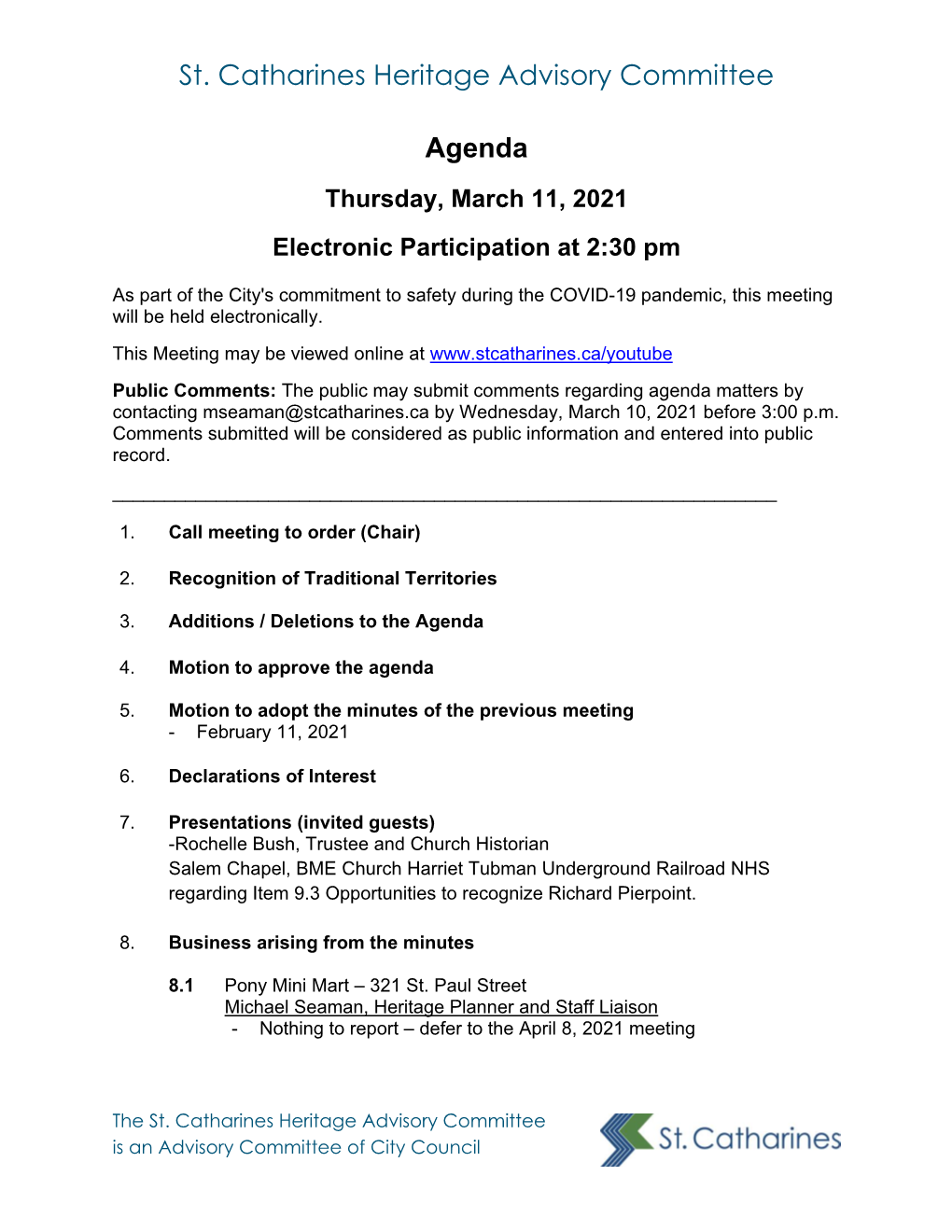 St. Catharines Heritage Advisory Committee Agenda