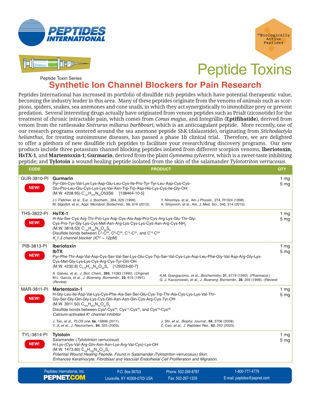Peptide Toxins Quick Reference