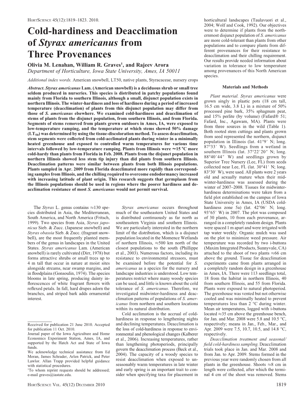 Cold-Hardiness and Deacclimation of Styrax Americanus from Three