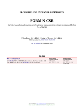 Wisdomtree Trust Form N-CSR Filed 2019-09-03