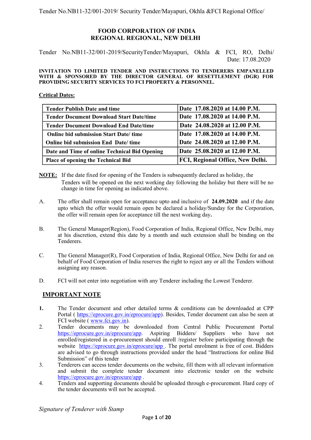 Tender No.NB11-32/001-2019/ Security Tender/Mayapuri, Okhla &FCI Regional Office