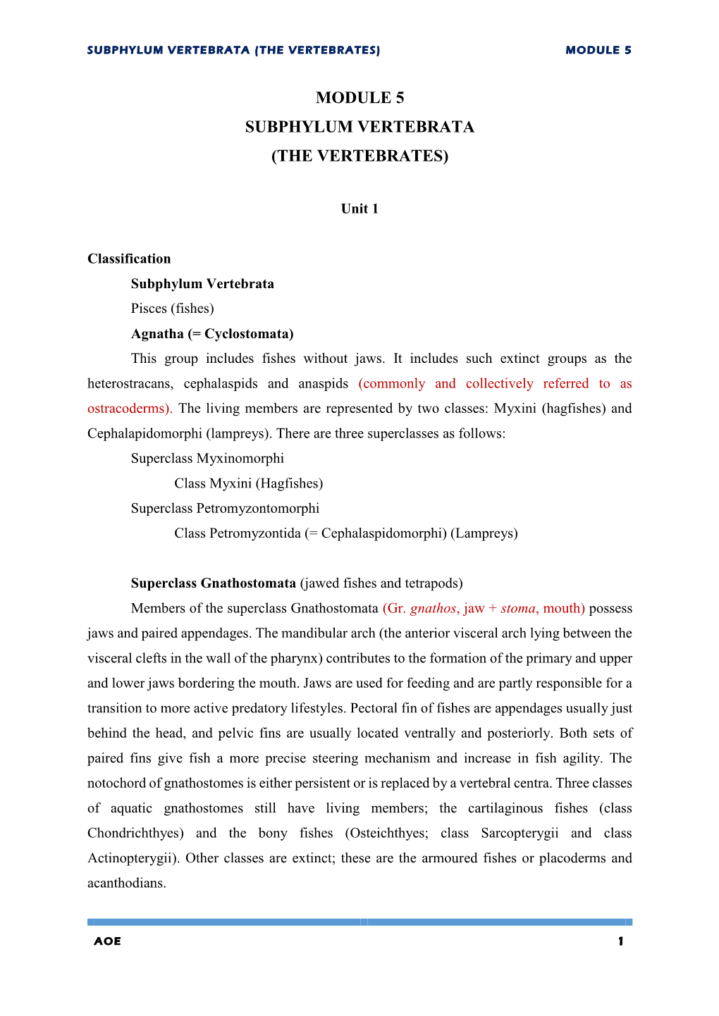 Subphylum Vertebrata (The Vertebrates) Module 5