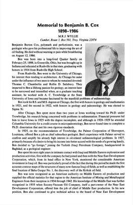 Memorial to Benjamin B. Cox 1898-1986 M.R.J