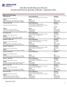 John Muir Health Physician Network Provider Directory by Specialty W/Breaks – September 2021