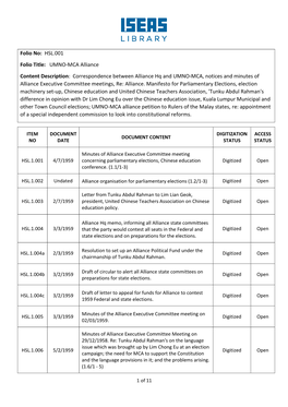 HSL.001 Folio Title: UMNO-MCA Alliance Content Description