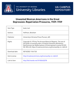 Unwanted Mexican Americans in the Great Depression: Repatriation Pressures, 1929–1939