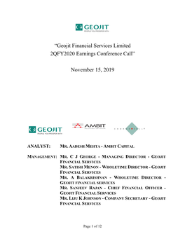 Geojit Financial Services Limited 2QFY2020 Earnings Conference Call”