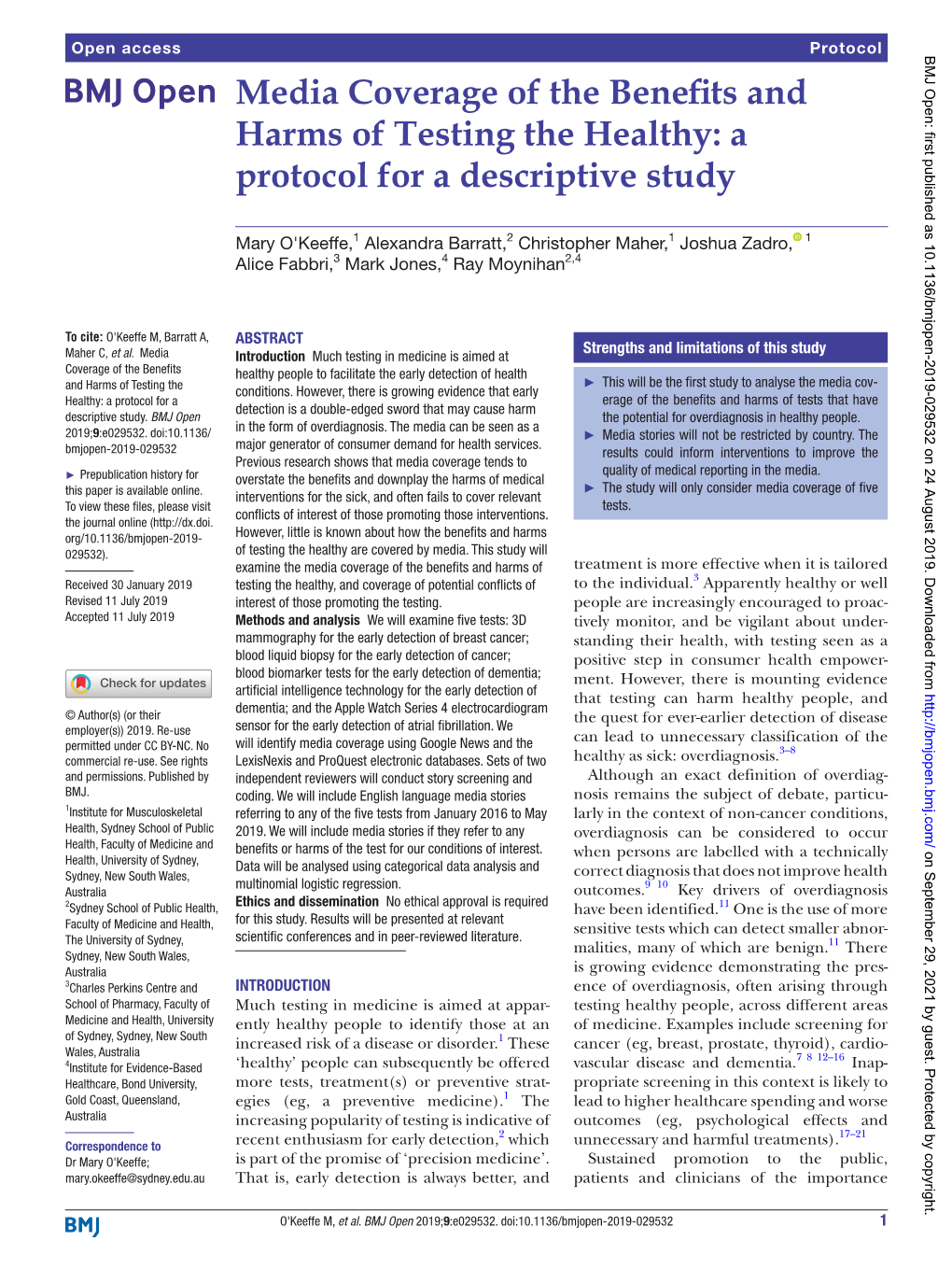 Media Coverage of the Benefits and Harms of Testing the Healthy: a Protocol for a Descriptive Study