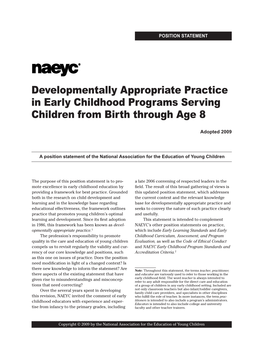 Developmentally Appropriate Practice in Early Childhood Programs Serving Children from Birth Through Age 8