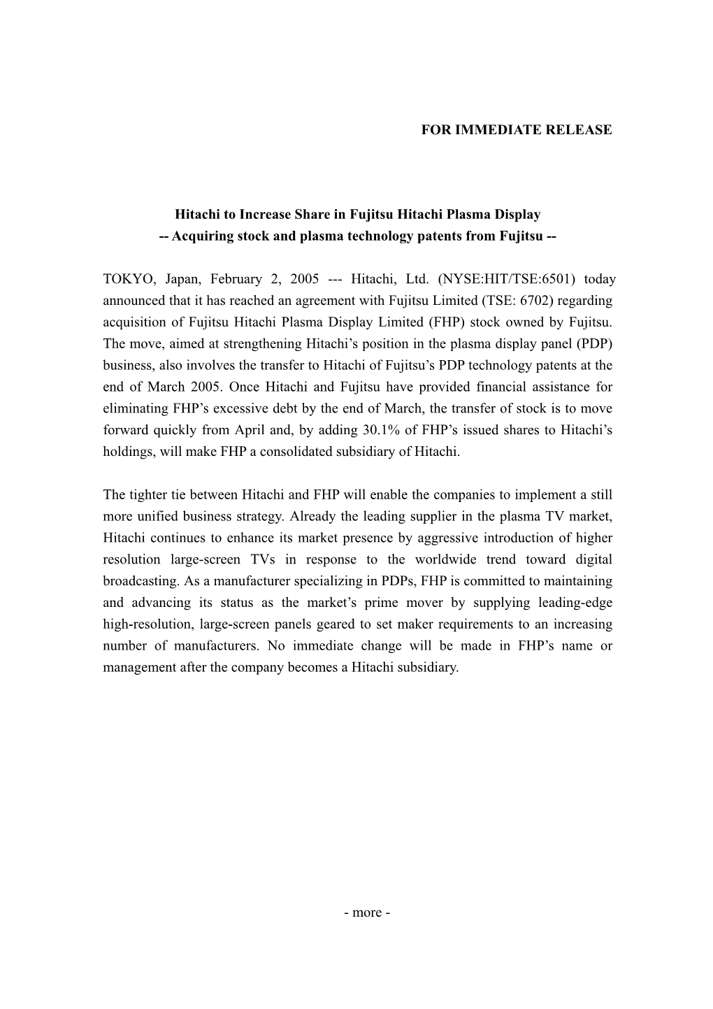Hitachi to Increase Share in Fujitsu Hitachi Plasma Display -- Acquiring Stock and Plasma Technology Patents from Fujitsu