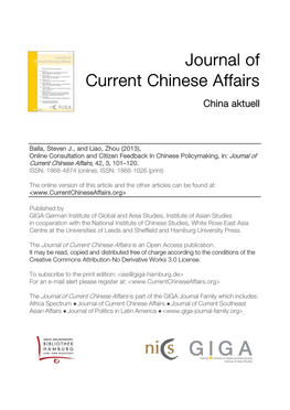 Online Consultation and Citizen Feedback in Chinese Policymaking, In: Journal of Current Chinese Affairs, 42, 3, 101–120