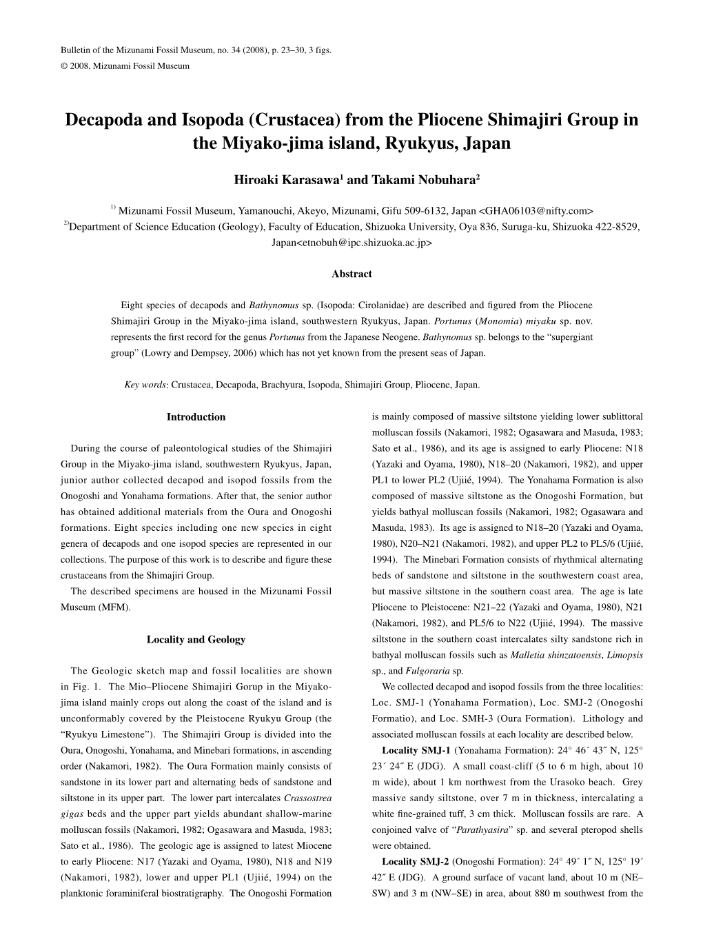 Decapoda and Isopoda (Crustacea) from the Pliocene Shimajiri Group in the Miyako-Jima Island, Ryukyus, Japan