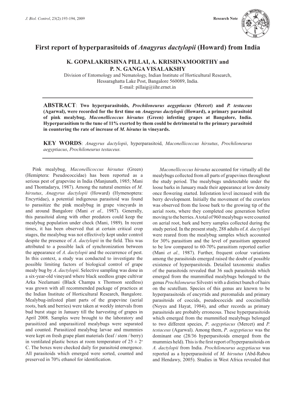 First Report of Hyperparasitoids of Anagyrus Dactylopii (Howard) from India