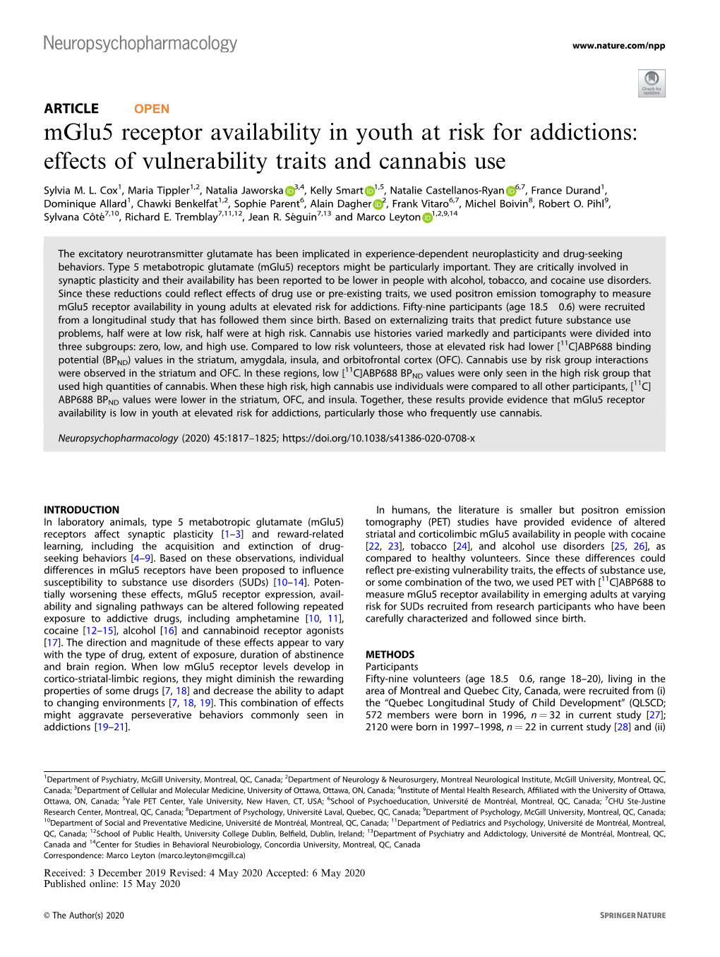Mglu5 Receptor Availability in Youth at Risk for Addictions: Effects of Vulnerability Traits and Cannabis Use