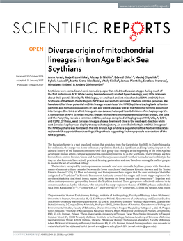 Diverse Origin of Mitochondrial Lineages in Iron Age Black Sea Scythians Received: 31 October 2016 Anna Juras1, Maja Krzewińska2, Alexey G