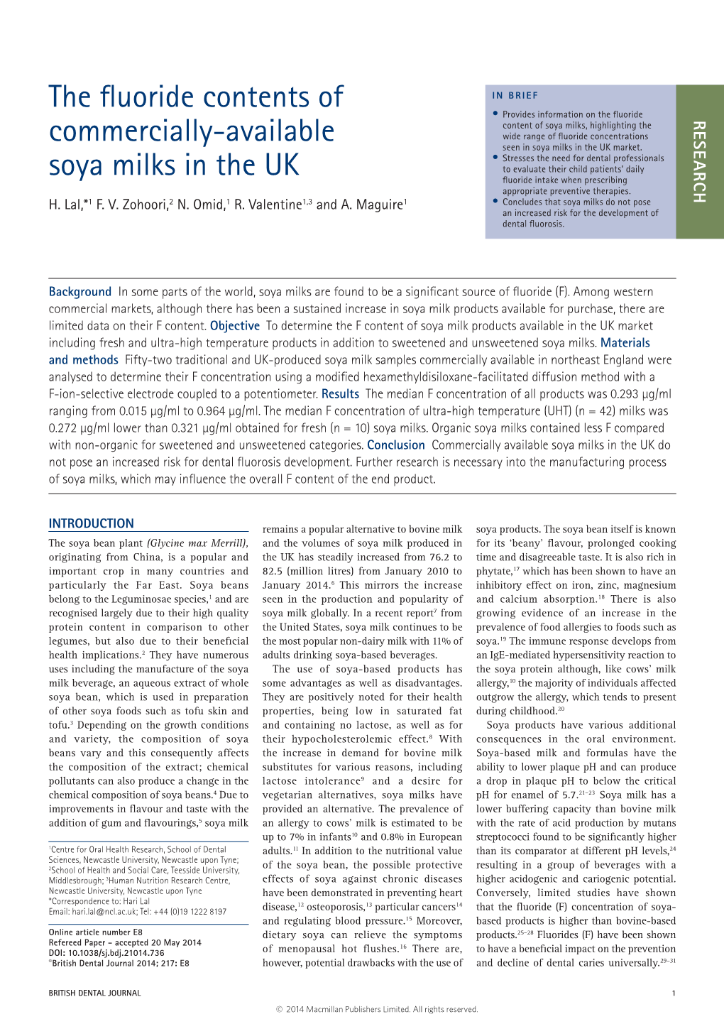 The Fluoride Contents of Commercially-Available Soya Milks in the UK