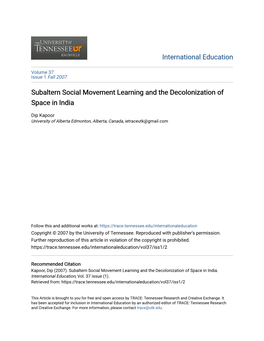 Subaltern Social Movement Learning and the Decolonization of Space in India