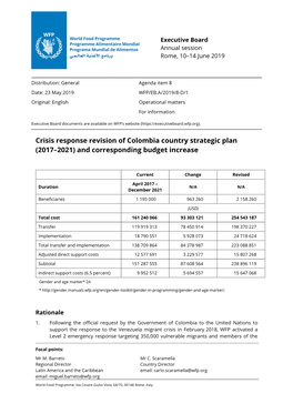 Crisis Response Revision of Colombia Country Strategic Plan (2017–2021) and Corresponding Budget Increase