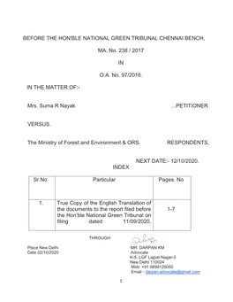 Before the Hon'ble National Green Tribunal Chennai Bench