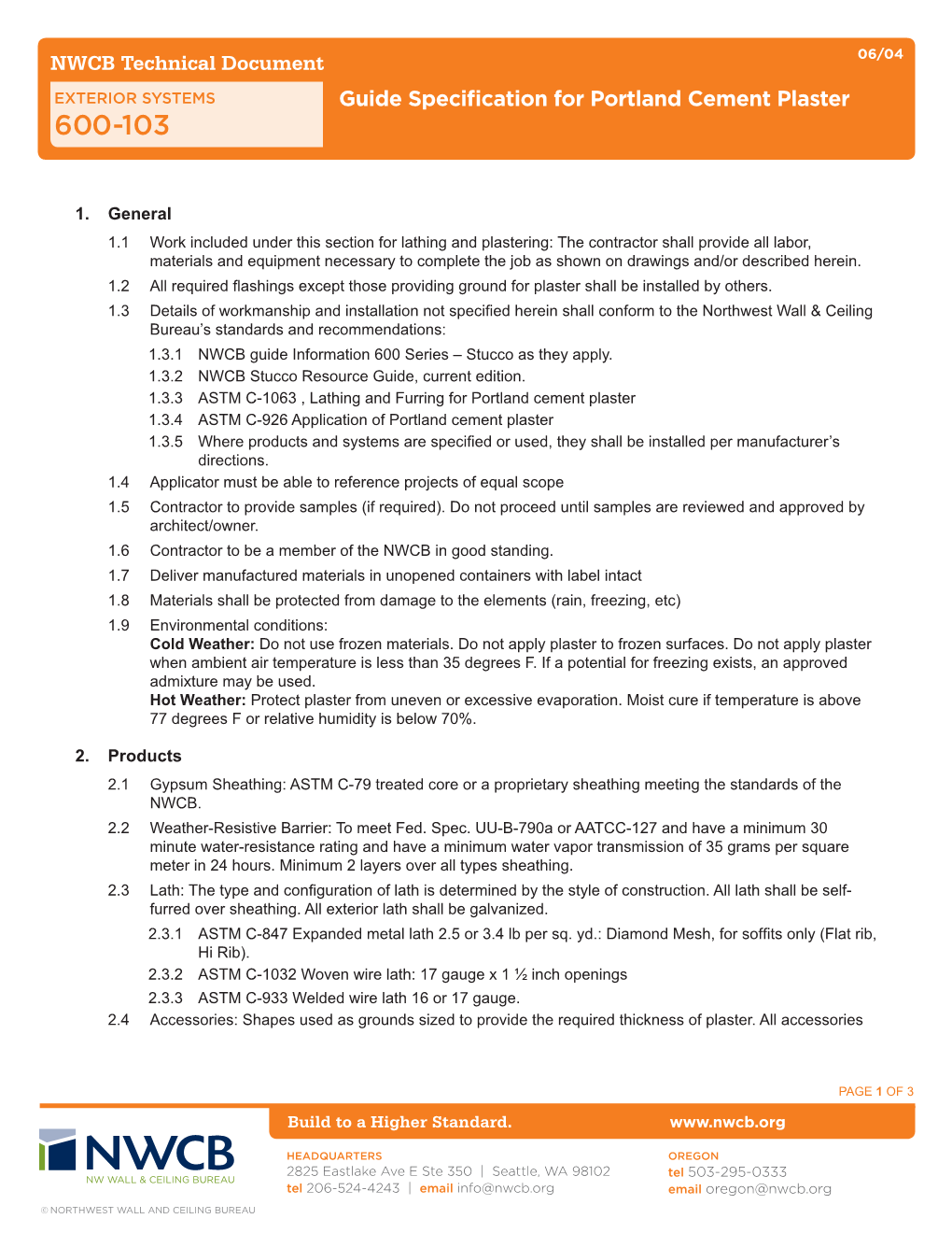 Guide Specification for Portland Cement Plaster 600-103