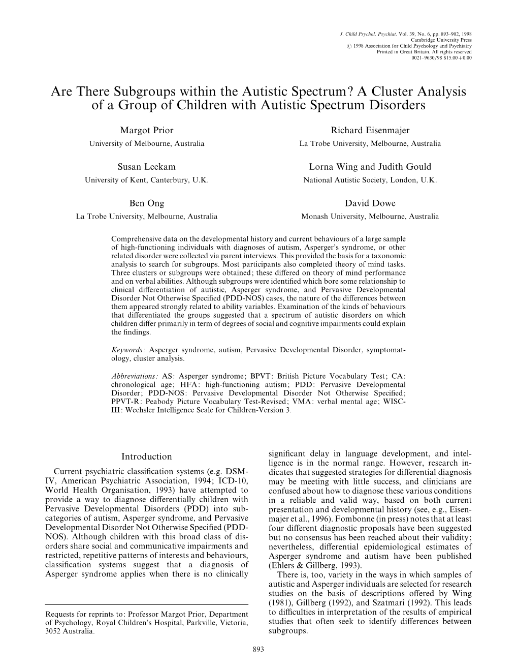 A Cluster Analysis of a Group of Children with Autistic Spectrum Disorders