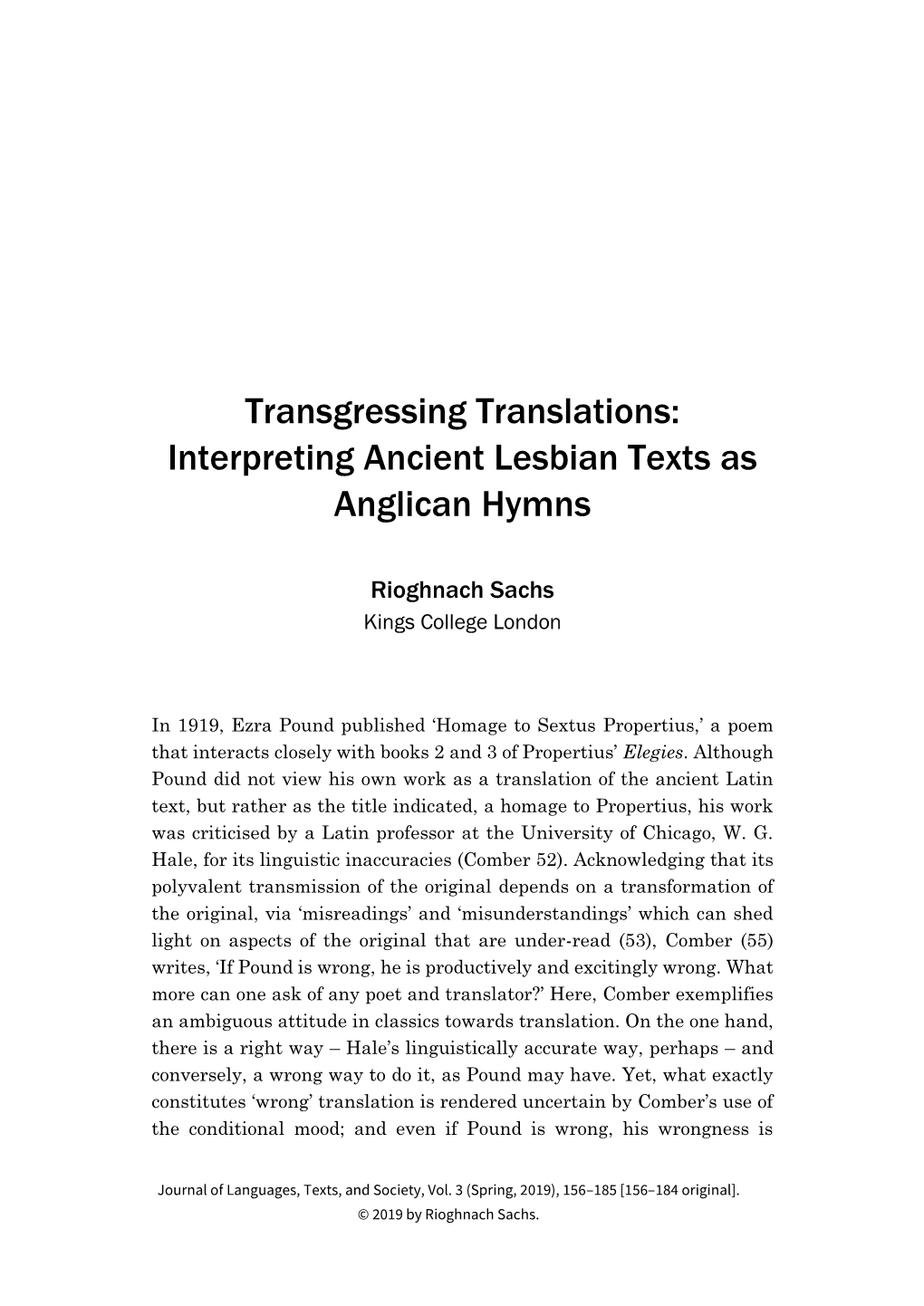 Interpreting Ancient Lesbian Texts As Anglican Hymns