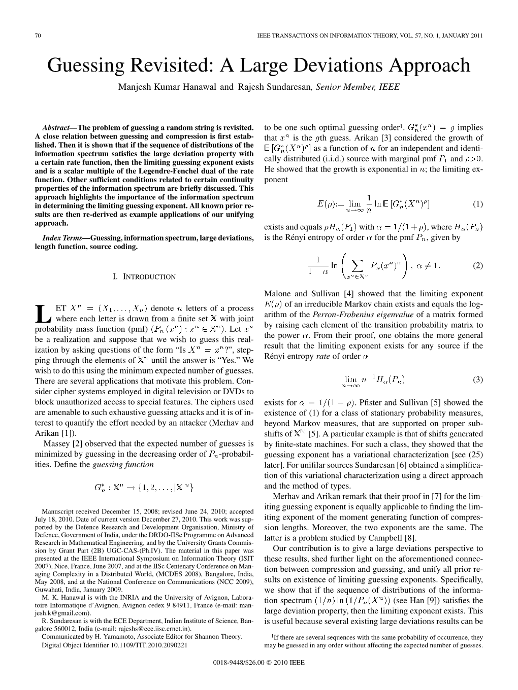 Guessing Revisited: a Large Deviations Approach Manjesh Kumar Hanawal and Rajesh Sundaresan, Senior Member, IEEE