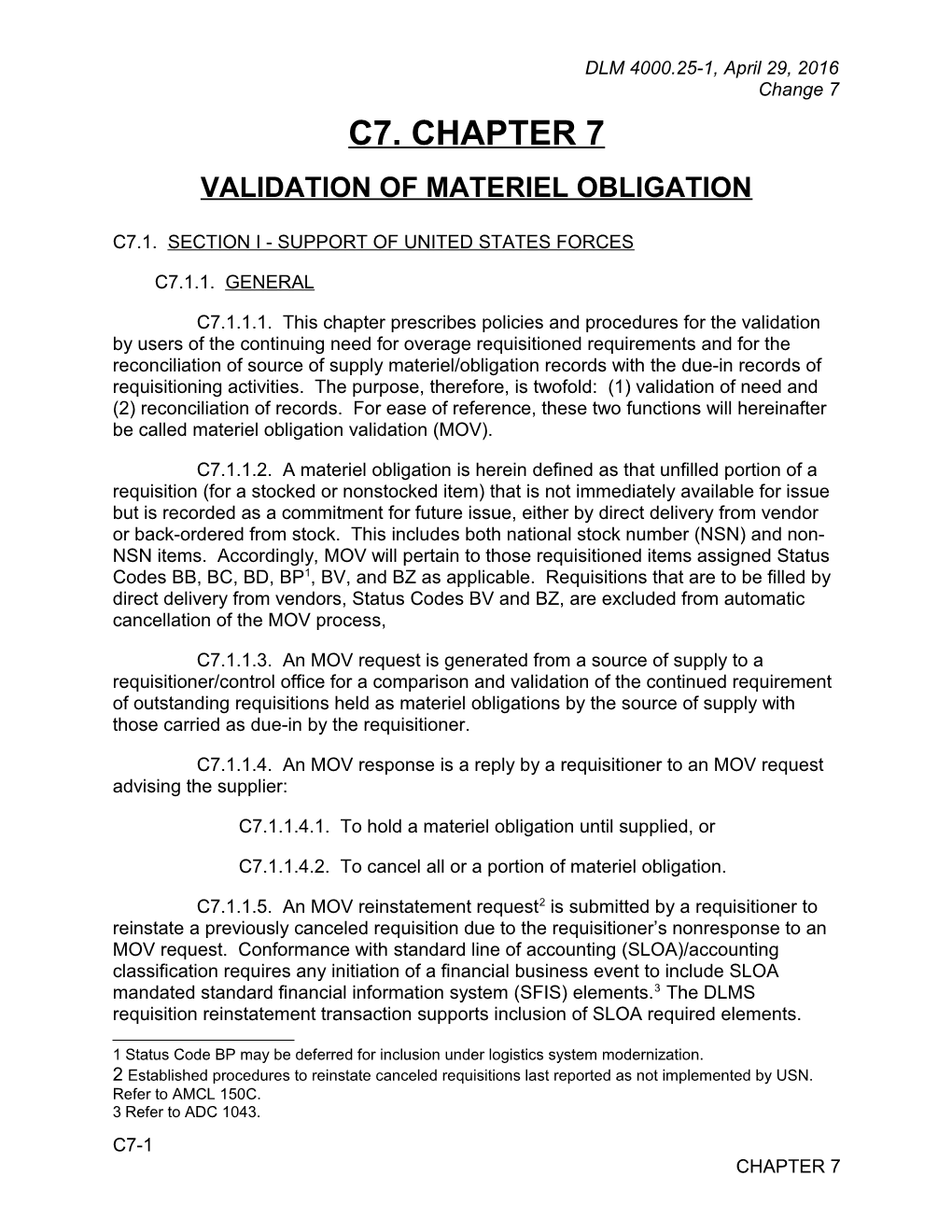 Chapter 7 - Validation of Materiel Obligation