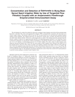 In Mung Bean Sprout Spent Irrigation Water by Use of Tangential Flow Filtration Coupled with an Amperometric Flowthrough Enzyme-Linked Immunosorbent Assay