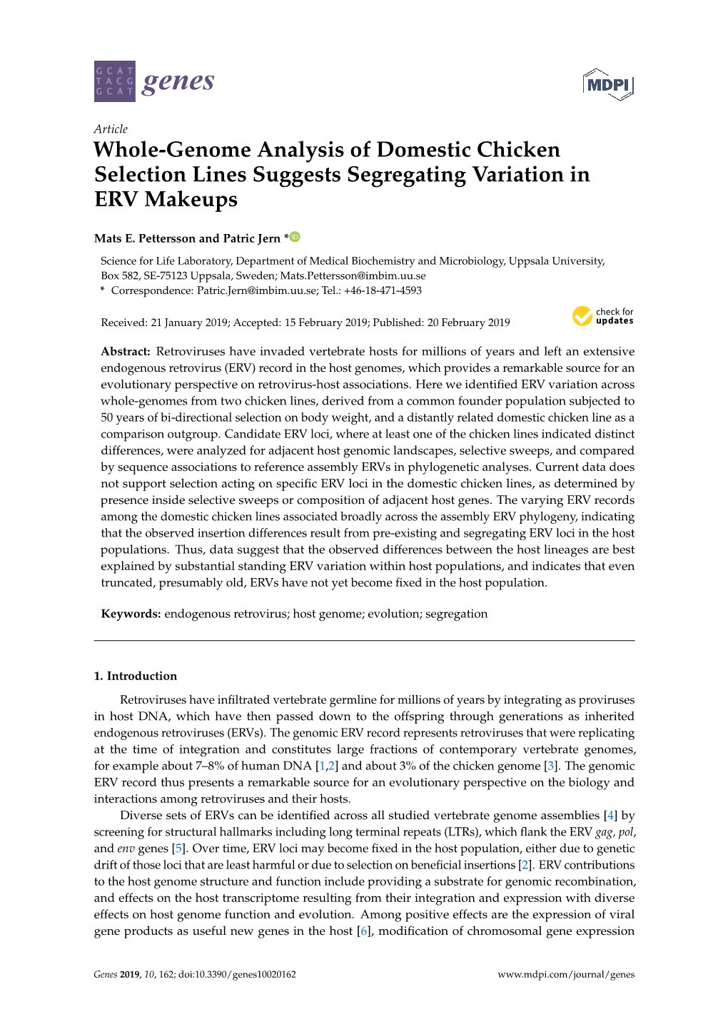 Whole-Genome Analysis of Domestic Chicken Selection Lines Suggests Segregating Variation in ERV Makeups