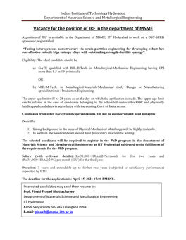 Vacancy for the Position of JRF in the Department of MSME