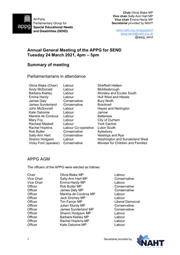 Minutes of the APPG for SEND Annual General Meeting 24 March