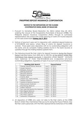 Notice to the Depositors of the Closed Cooperative Rural Bank of Bulacan