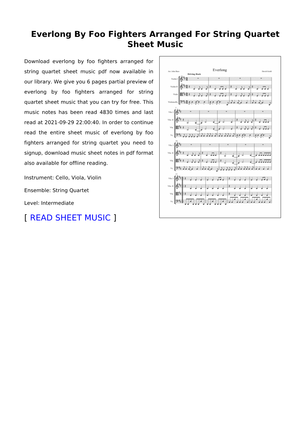 Sheet Music of Everlong by Foo Fighters Arranged for String Quartet You Need to Signup, Download Music Sheet Notes in Pdf Format Also Available for Offline Reading