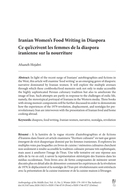 Iranian Women's Food Writing in Diaspora Ce Qu'écrivent Les