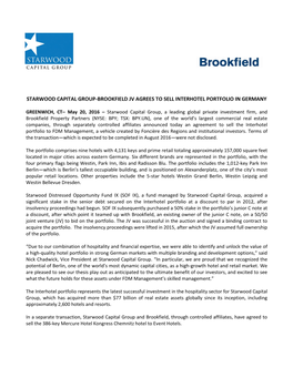 Starwood Capital Group-Brookfield Jv Agrees to Sell Interhotel Portfolio in Germany
