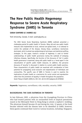 The New Public Health Hegemony: Response to Severe Acute Respiratory Syndrome (SARS) in Toronto