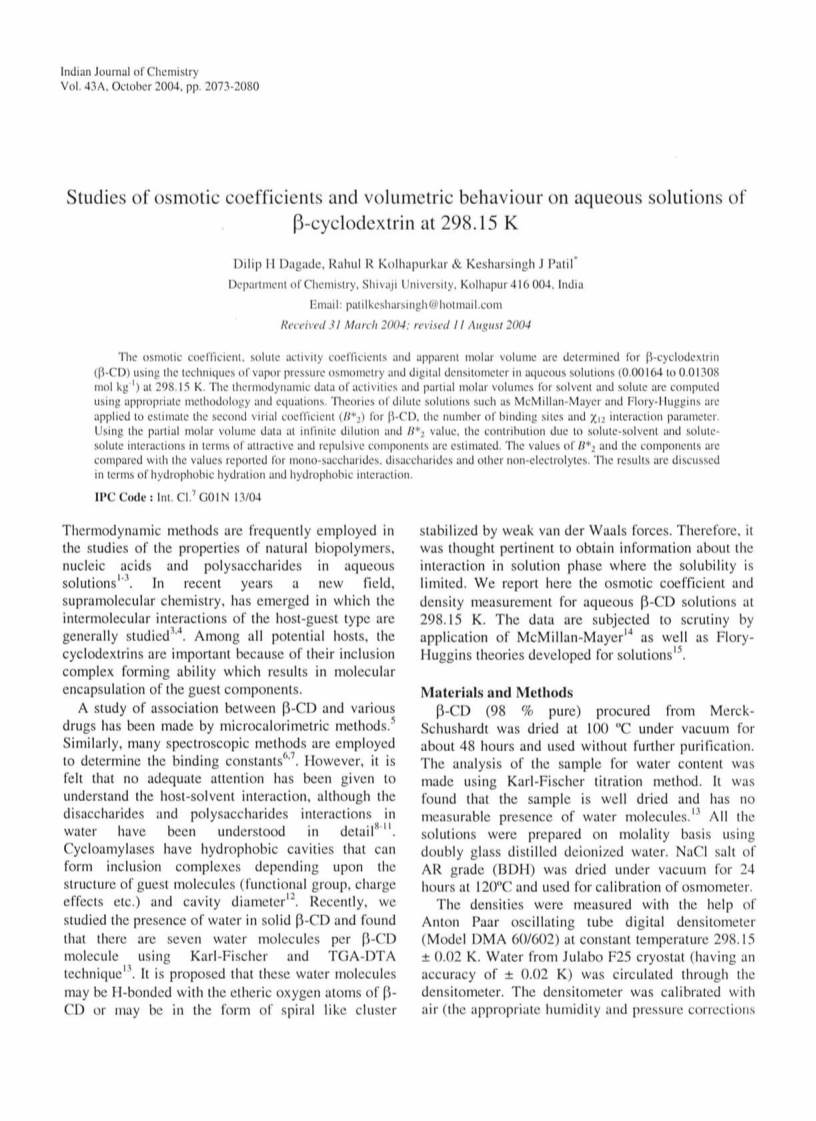 Studies of Osmotic Coefficients and Volumetric Behaviour on Aqueous Solutions of ~-Cyclodextrin at 298.15 K