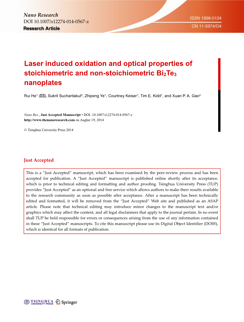 Laser Induced Oxidation and Optical Properties of Stoichiometric and Non-Stoichiometric Bi2te3 Nanoplates