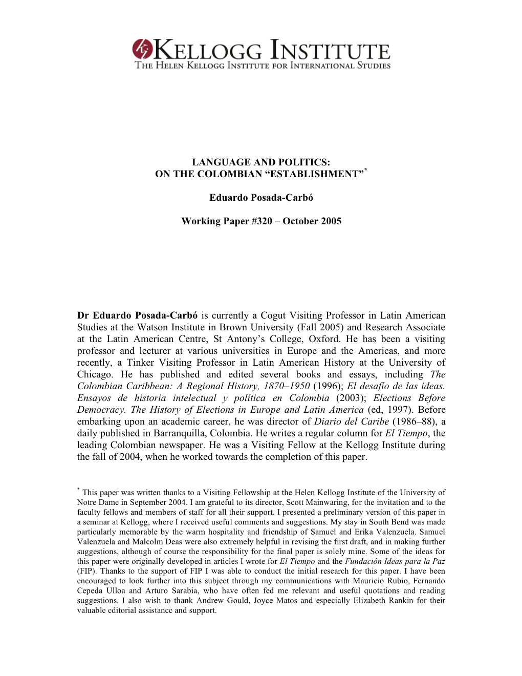 Eduardo Posada-Carbó Working Paper #320