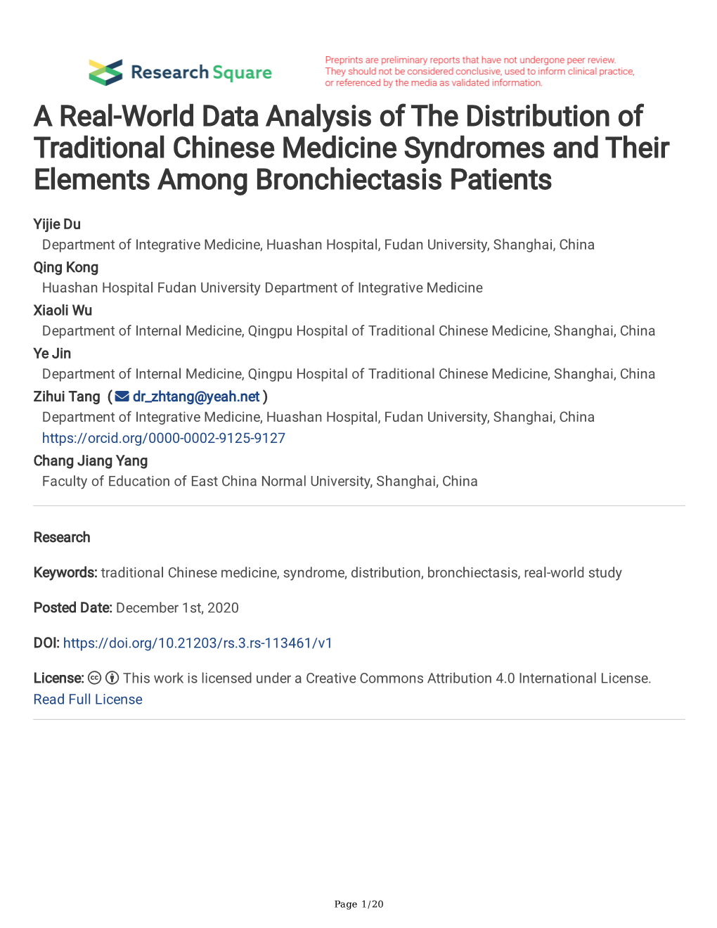 A Real-World Data Analysis of the Distribution of Traditional Chinese Medicine Syndromes and Their Elements Among Bronchiectasis Patients