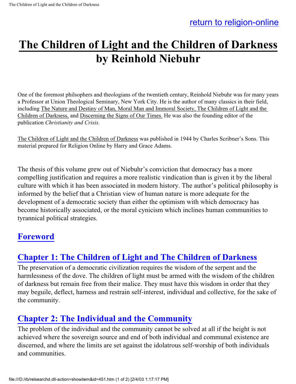 The Children of Light and the Children of Darkness by Reinhold Niebuhr