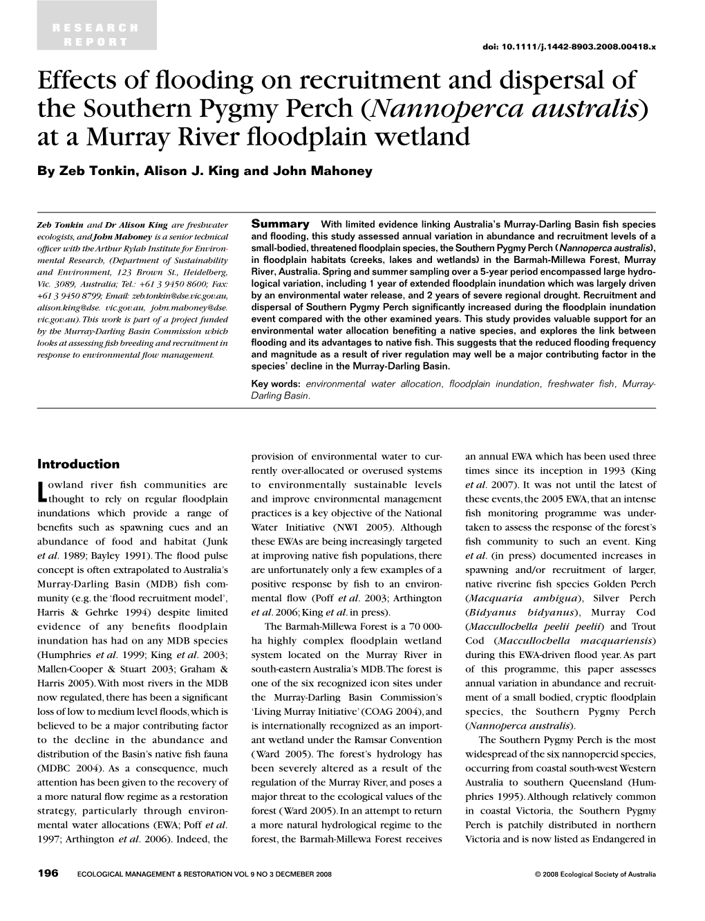 Effects of Flooding on Recruitment and Dispersal of the Southern