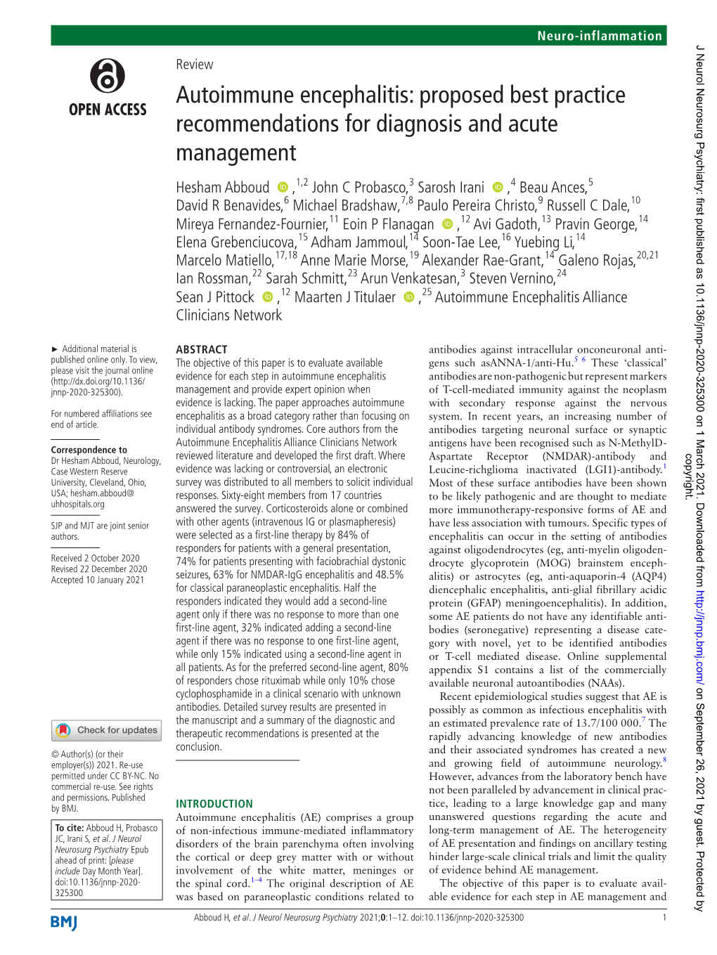 Autoimmune Encephalitis: Proposed Best Practice Recommendations for Diagnosis and Acute Management