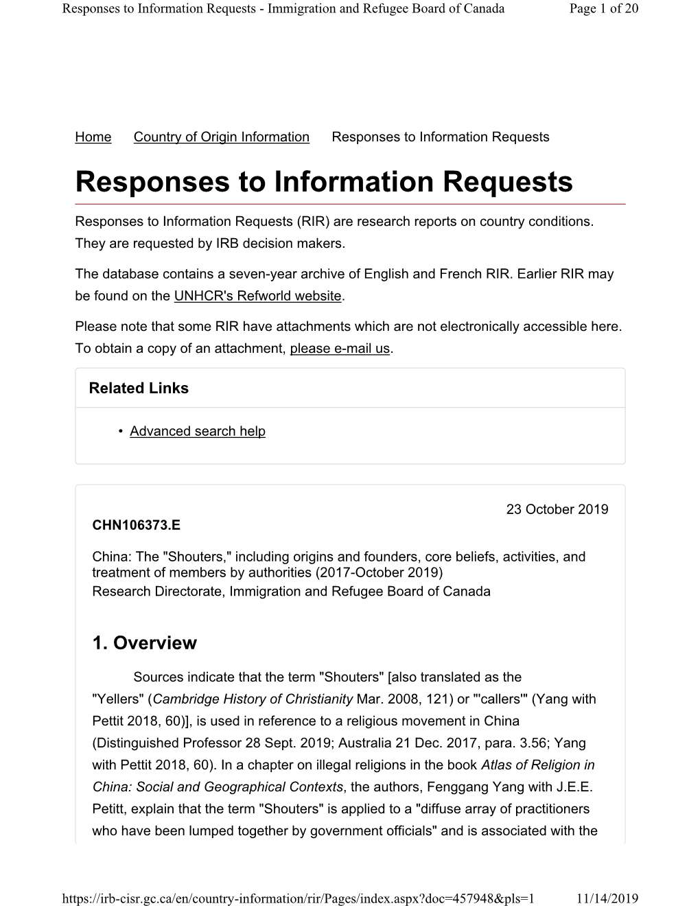 Responses to Information Requests - Immigration and Refugee Board of Canada Page 1 of 20