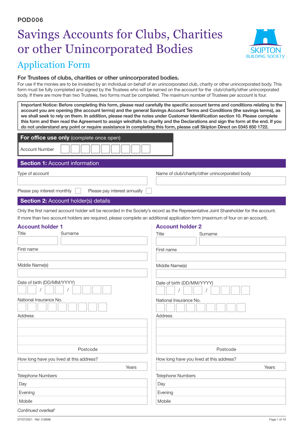 Savings Accounts for Clubs, Charities Or Other Unincorporated Bodies Application Form