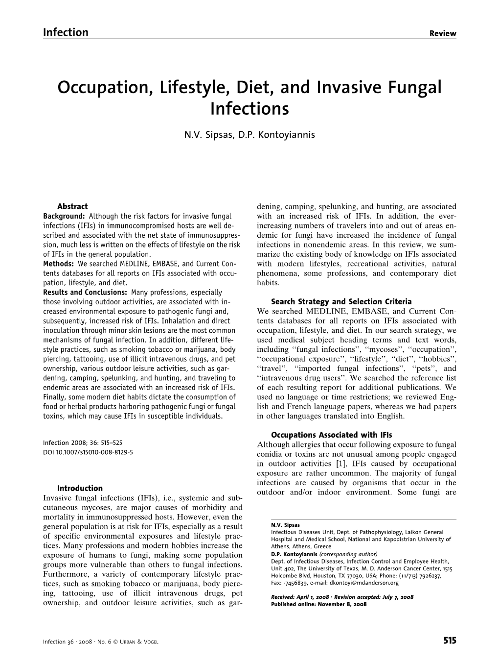 Occupation, Lifestyle, Diet, and Invasive Fungal Infections