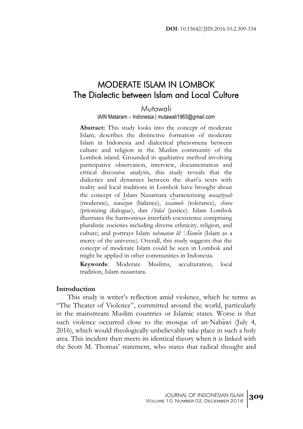 MODERATE ISLAM in LOMBOK the Dialectic Between Islam and Local
